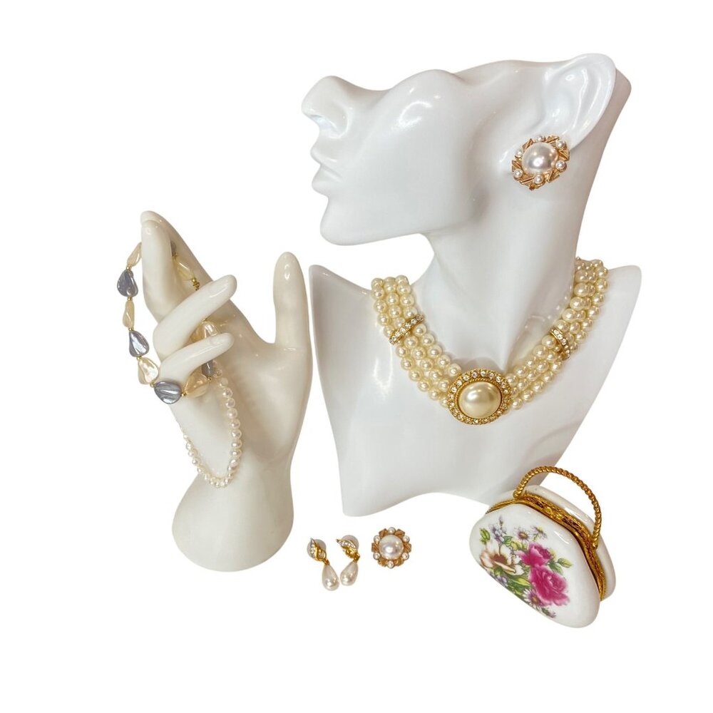 Vintage Pearl & Gold Luxury Jewelry Collection With Decorative Porcelain Case